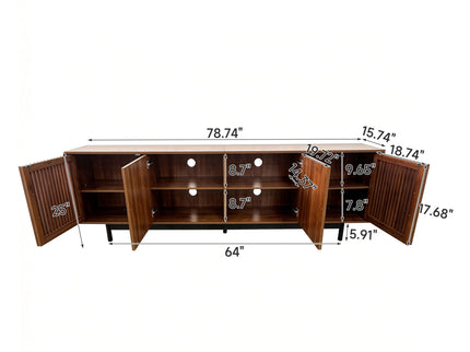 TV Stand, Media Console & Soft Closing Hinges, Adjustable Shelves, Slatted Doors - Walnut