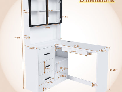 L-Shaped Computer Desk With Glass Cabinets, Built In LED Lights, USB Charging Ports