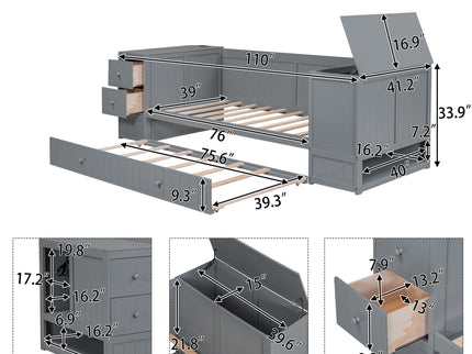 Daybed With Storage Arms, Trundle And Charging Station