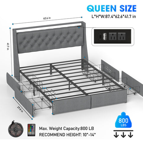 Queen Platform Bed Frame With RGB LED & Charging Station, Storage Headboard - Gray