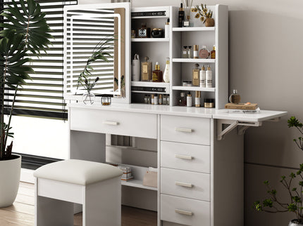 Fashion Vanity Desk With Mirror And Lights For Makeup, 5 Drawers, Adjustable Lighting - White