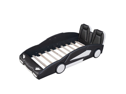 Race Car Shaped Twin Platform Bed With Wheels, Pine Wood Construction