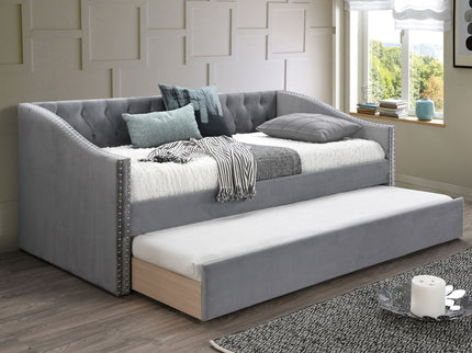 Daybed With Button Tufted Nailhead Trim And Trundle Slat Storage - Gray