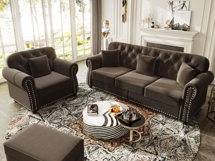 Upholstered Sofa Set With Nailhead Trim And Rolled Armrests, Includes Pillows