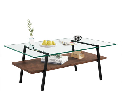 Rectangle Coffee Table, Tempered Glass Tabletop With Metal Legs, Modern Table For Living Room
