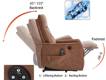 Single Motor Power Lift Recliner Chair With Massage And Heat, USB For Charging - Brown