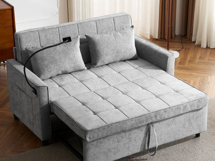 Pull-Out Sleeper Sofa With Reversible Backrest Cushion, Side Pockets, 2 USB Ports And A Phone Holder For Living Room
