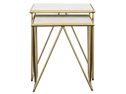 Sinclair - 2 Piece Nesting Table Set With Iron And Luxurious Marble Surface - White / Gold