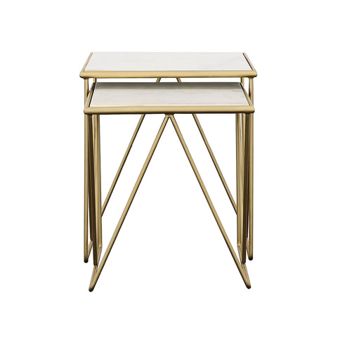 Sinclair - 2 Piece Nesting Table Set With Iron And Luxurious Marble Surface - White / Gold