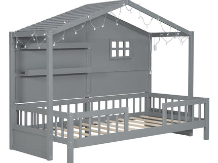 House Bed With Shelves, Window And Sparkling Light Strip On The Roof