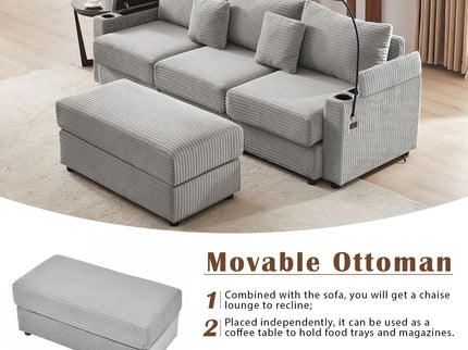 Modern Style Loveseat Sofa Sectional Sofa Couch With Storage Space, A Movable Ottoman, Two USB Ports, Two Cup Holders, A Phone Holder For Living Room