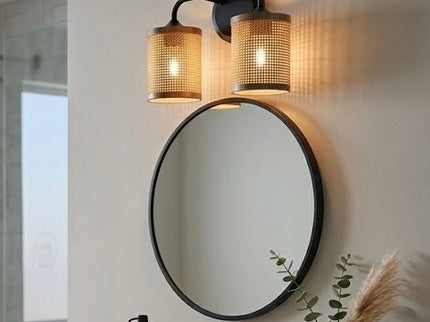 Quell - Double Light Vanity With Natural Shade Wall Lamp - Black / Rattan