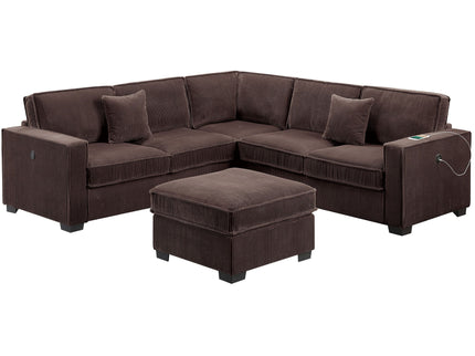 4 Piece Sectional Set With USB Ports, Left Arm Facing / Right Arm Facing Loveseat, Corner Wedge, Cocktail Ottoman, 2 Pillows - Chocolate