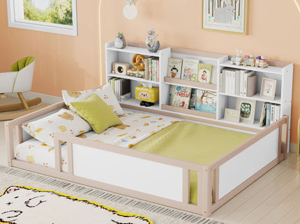 Platform Floor Bed With Guardrail Fence And Side Storage Shelves