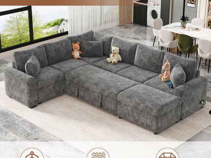 Sectional Sofa Pull-Out Sofa Bed Sleeper With A Storage Ottoman, Three Pillows And Charging Devices For Living Room