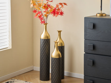 Elegant Floor Vase Set Metal Decorative Vases 3 Piece Set For Floral Display, Wedding & Gift Decor - Gold / Black