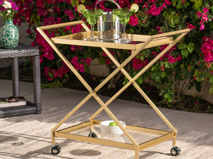 Sherianne - Industrial Bar Cart With Tempered Glass Shelves And Swivel Wheels - Gold
