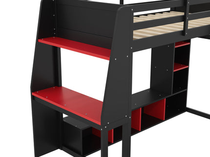 Gaming Loft Bed With Desk, Multi Storage Shelves, LED Lighting, And Hanging Clothes Rack