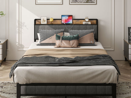 Bed With Charging Station, American Design Upholstered Headboard, Metal Platform