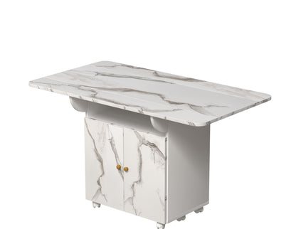 Versatile Marble Folding Dining Table With Storage Rack And Cabinet, 6 Wheels - White