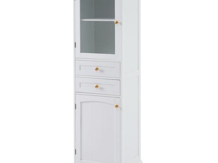 Tall Bathroom Storage Cabinet With Glass Doors, Free-Standing, Two Drawers, And Adjustable Shelves, Board, Painted Perfect For Displaying Your Favorite Items