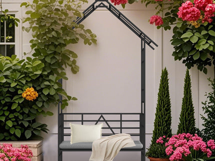 Garden Arch With Bench Turned Into Flower Stand Climbing Plants Support Outdoor - Black