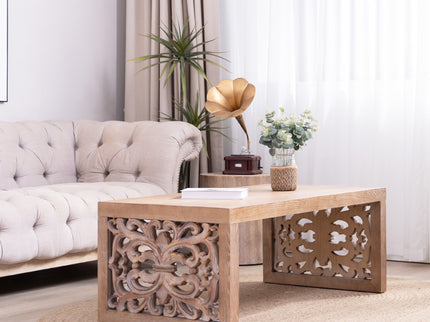 Rustic Carved Wood Coffee Table, Handcrafted Look With Ornate Side Panels