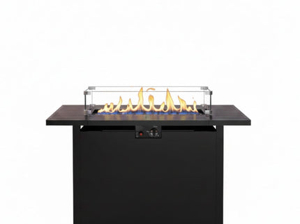 Outdoor 2 In 1 Gas Fire Pit Table With Lid & Glass Shield, Stainless Burner, Lava Rock, Rectangular Design - Black