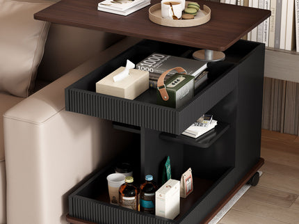 Adjustable End Table With Wheels, 360°Rotating Top And Storage Space