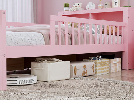Bed With Headboard Storage Rack, 2 Under Bed Drawers, 3 Side Guardrails For Safety