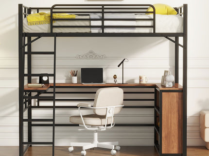 Loft Bed & 3 Layers Of Shelves And L-Shaped Desk