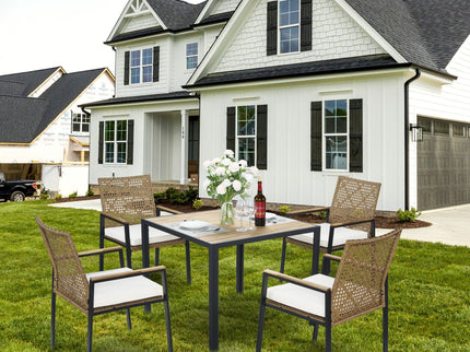 5 Piece Patio Dining Table Set, Acacia Wood Table Top With Umbrella Hole