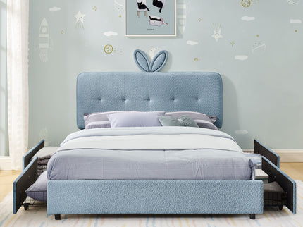 Upholstered Bed With Oversized Rabbit Ear Headboard, LED Lights & 4 Storage Drawers