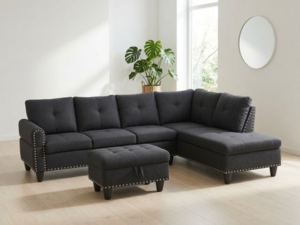 L - Shaped 3 Piece Sectional Sofa With Chaise, Storage Ottoman & Cup Holders