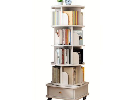 Rotating Bookshelf With Wheels And Drawer, 360° Spinning Design, Space Saving Storage