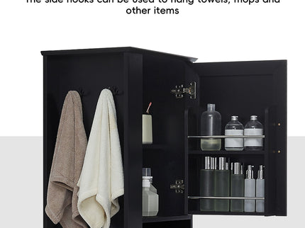 Freestanding Bathroom Storage Cabinet With Adjustable Shelves And Side Hooks Board, Rectangle Design