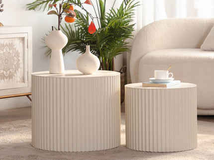 Drum Nesting Coffee Table With Wave Stripe Design For Living Room (Set of 2) - Beige / White