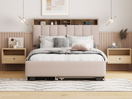 Upholstered Platform Bed With Storage Headboard, Trundle & 2 Drawers And A Set Of Sockets & USB Ports