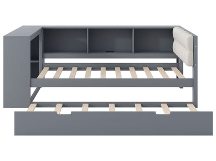 Upholstered Headboard Platform Bed With Storage Shelves, Trundle, Charging Station