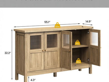 Buffet Cabinet With 4 Doors, Adjustable Shelves Handles - Natural