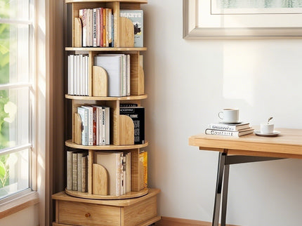Rotating Bookshelf With Wheels And Drawer, 360° Spinning Design, Space Saving Storage