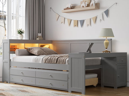 Daybed With Storage Shelves, Drawers, Trundle, Charging Station, LED Light, Desk And Cabinet