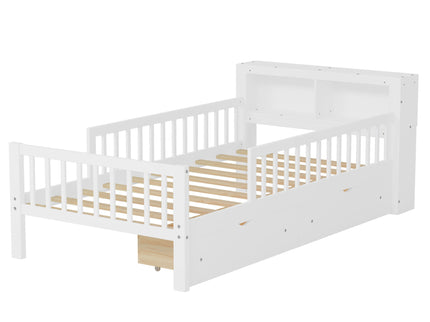 Bed With Headboard Storage Rack, 2 Under Bed Drawers, 3 Side Guardrails For Safety