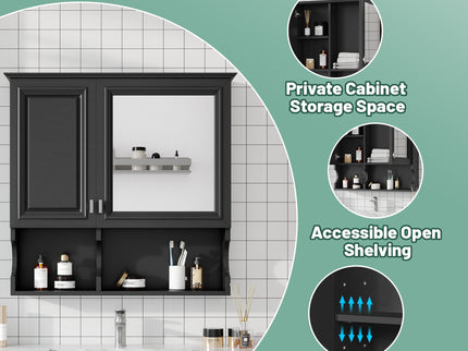 Wall Mounted Mirror Medicine Cabinet, Bathroom Storage With Doors And Open Shelves