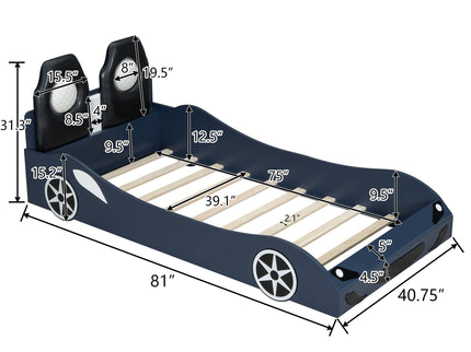 Race Car Shaped Platform Bed With LED And Upholstered Backrest In