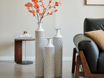 Modern Floor Vase Set Metal Vases With Geometric Pattern, 3 Piece Home Decor Set - White / Black