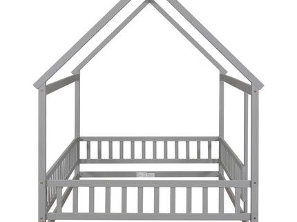 Floor Wooden Bed With House Roof Frame, Fence Guardrails