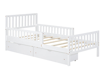 Platform Bed With Guardrails On Both Sides And 2 Storage Drawers