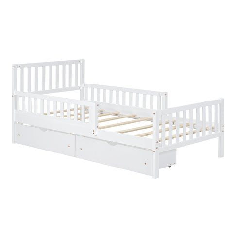 Platform Bed With Guardrails On Both Sides And 2 Storage Drawers