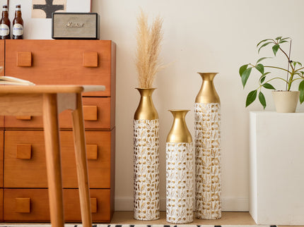 Mother's Day Gift Set Gilded White 3D Relief Flower Metal Vase Set - White / Gold